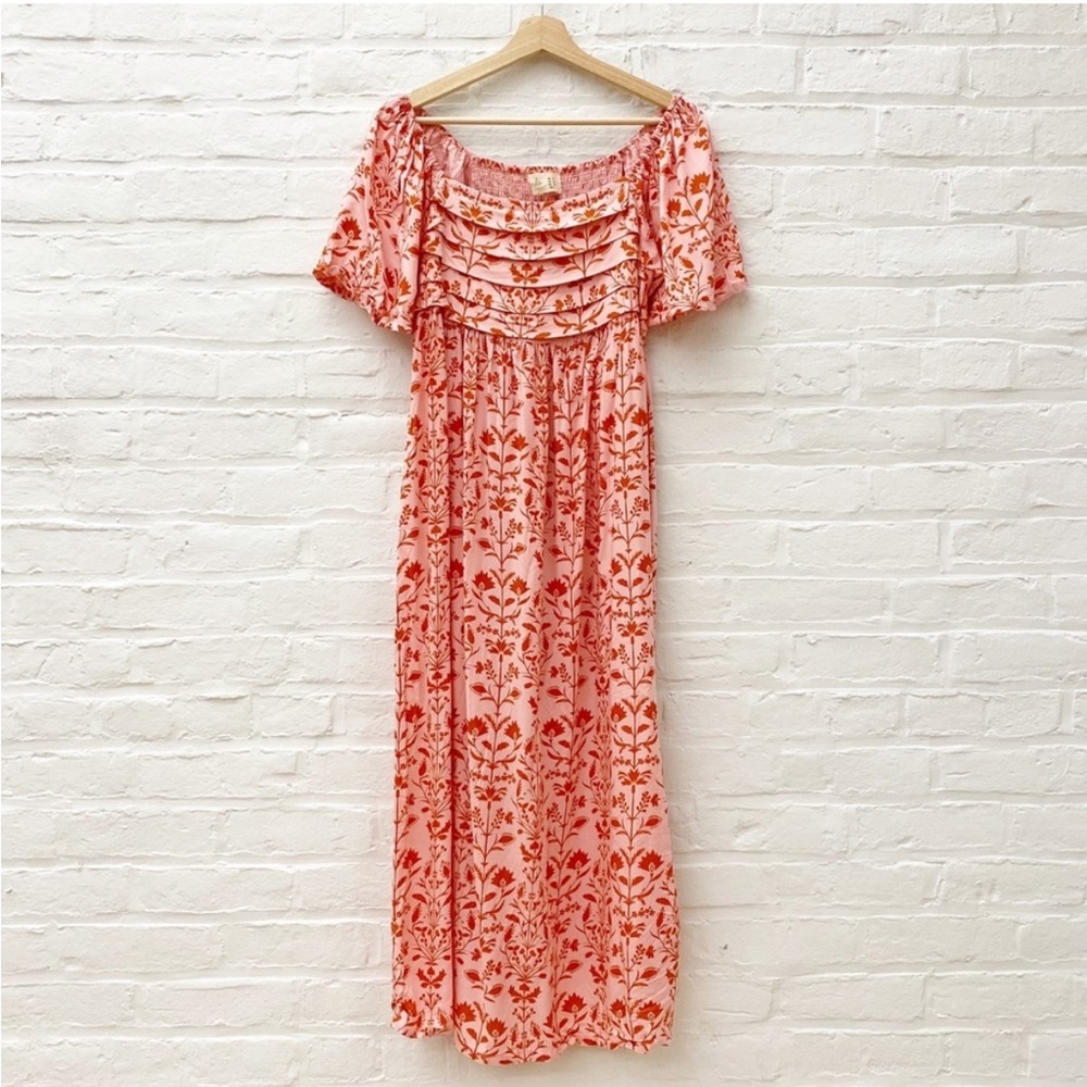 Anthropologie || Jula Ruffle Midi Dress Floral Pink Red 8 NWT